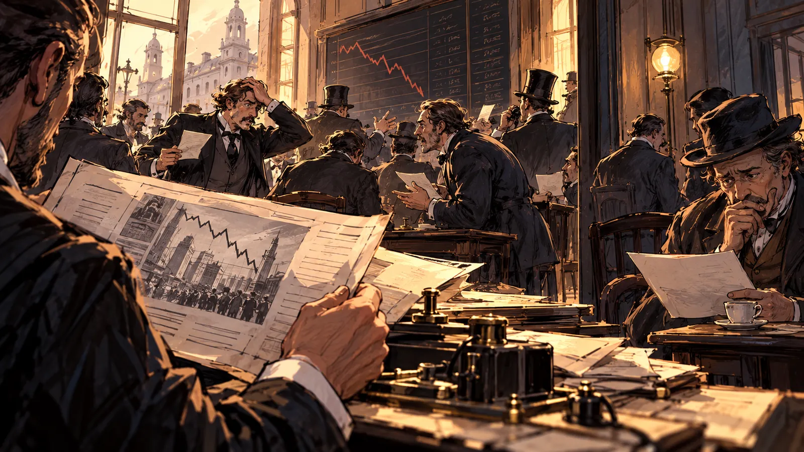 Ilustración conceptual de comerciantes analizando papeles y mercados