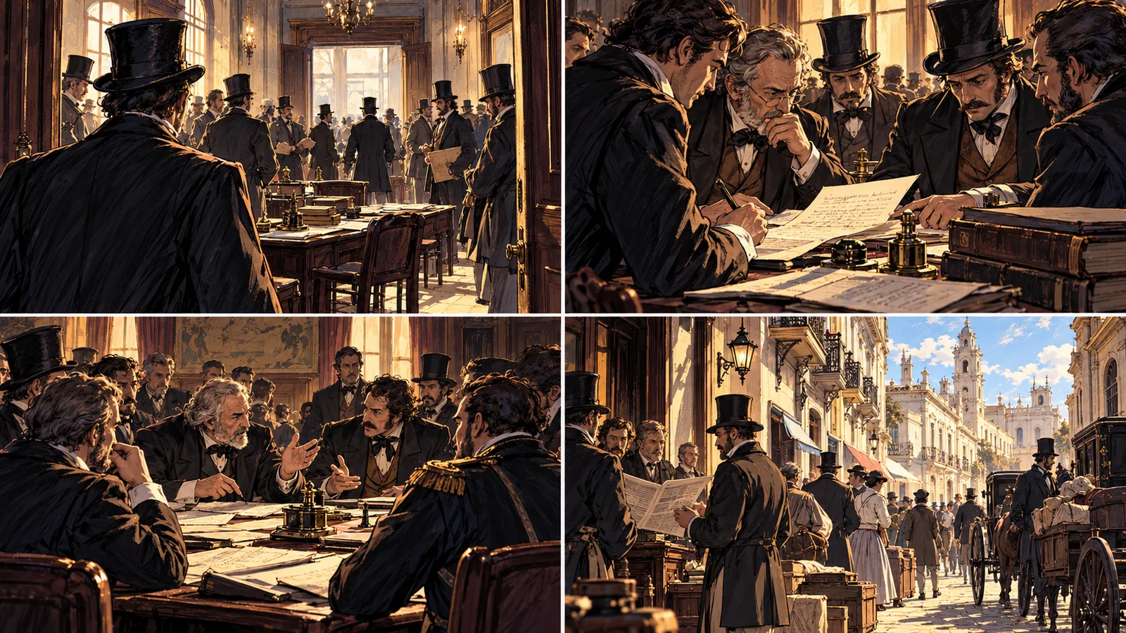 Estudios ilustrados de reuniones comerciales del siglo XIX