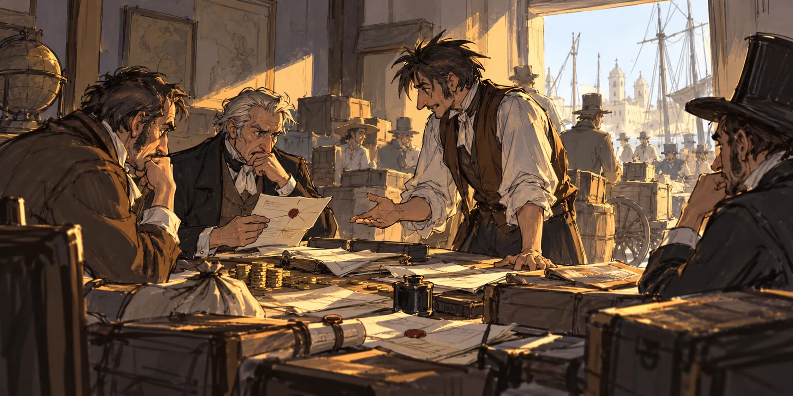 Ilustración conceptual de una conversación sobre documentos mercantiles