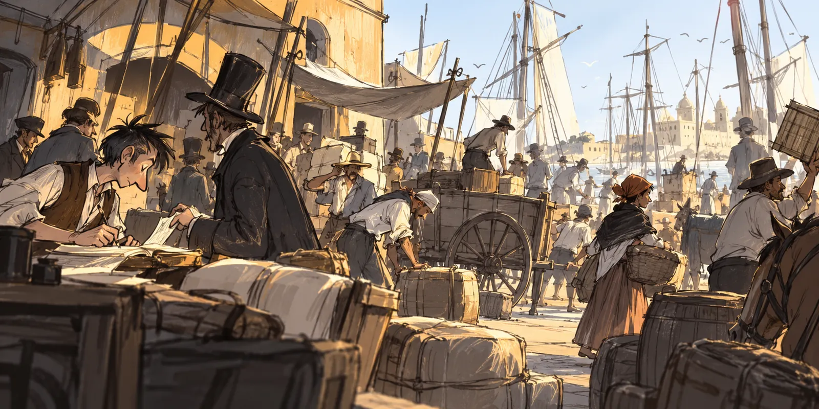 Ilustración conceptual de comerciantes, marinos y cargamentos en un puerto de Buenos Aires del siglo XIX